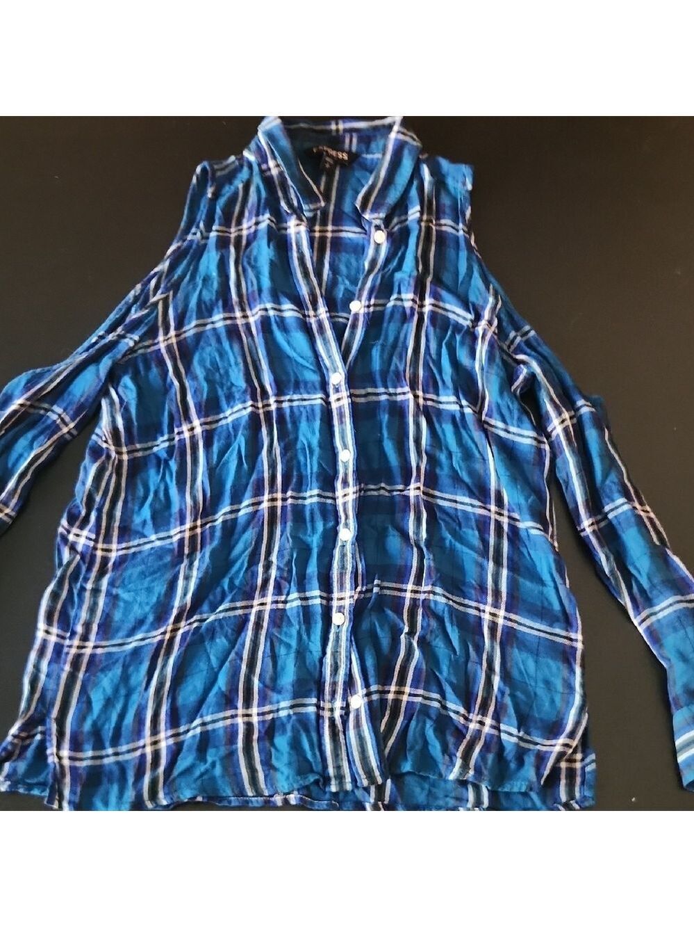 Express Blue Plaid Button Down Shirt W Cut Out Shoulders Lightweight Casual Prep